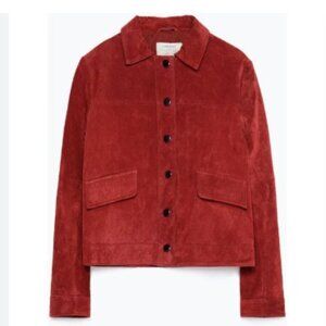 Zara Women's Red Genuine Suede Single-breasted Button-up Jacket (Size M)